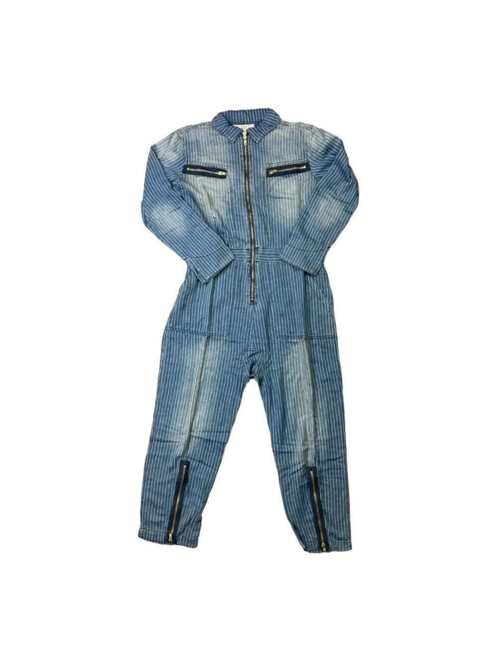 Free People x Sandrine Rose Women  Indigo Striped  Denim Jumpsuit Long - Picture 8 of 13